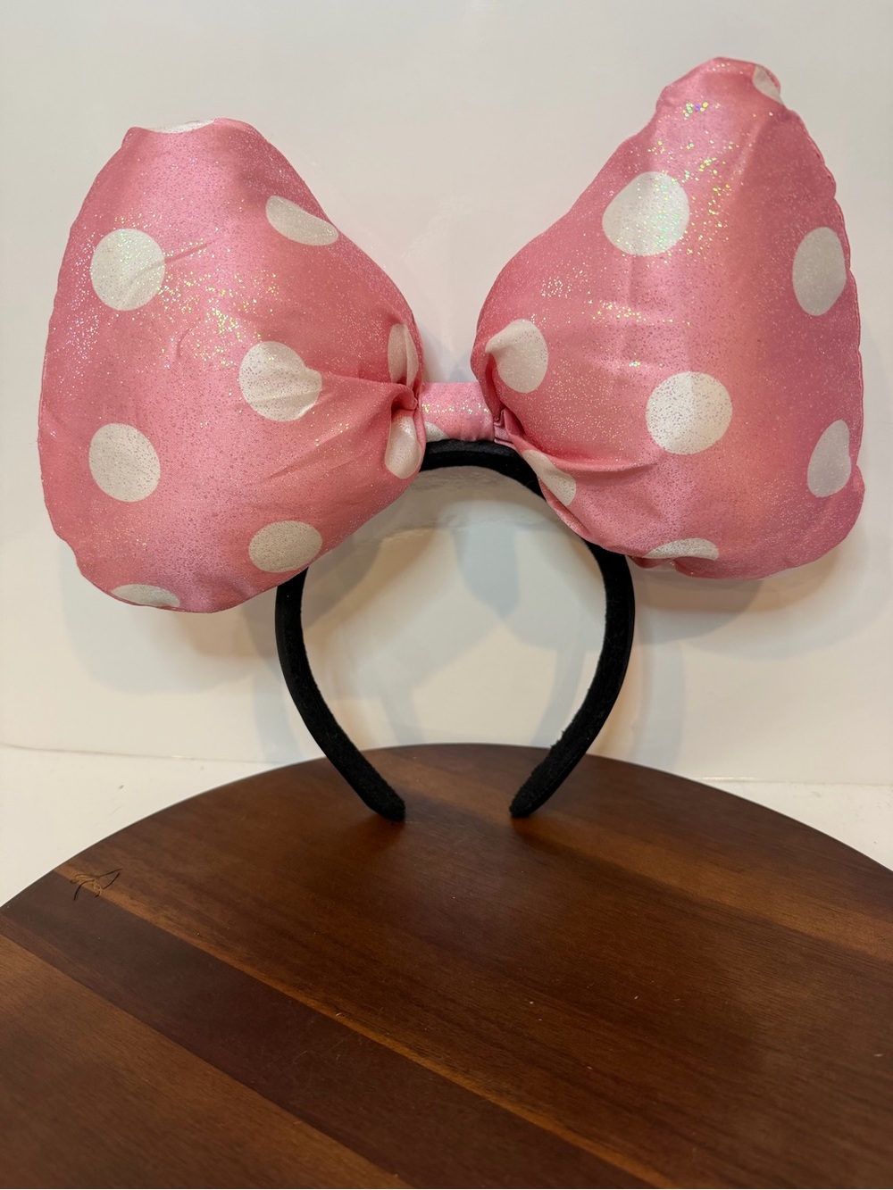 Disney Parks Minnie Mouse Super Pink Bow Headband Iridescent Pink Polka Dot